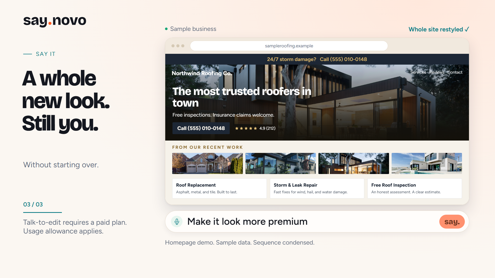 Revised Saynovo homepage demonstration with a visible command bar and completed site restyle