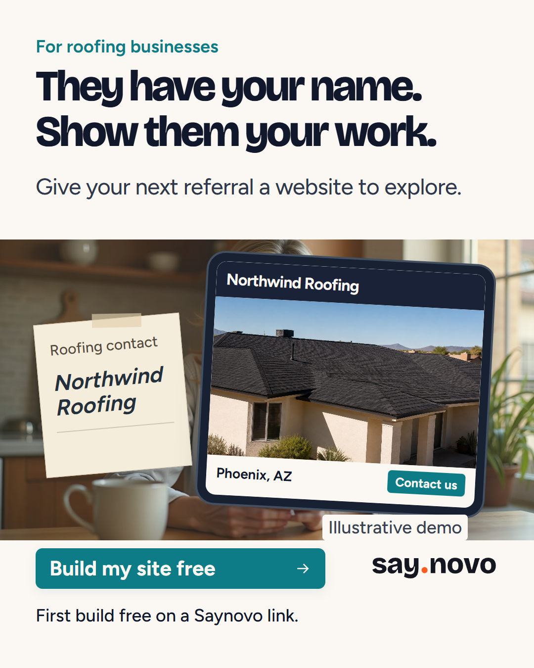 Actual Saynovo V3 creative using a clearly labeled fictional roofing business
