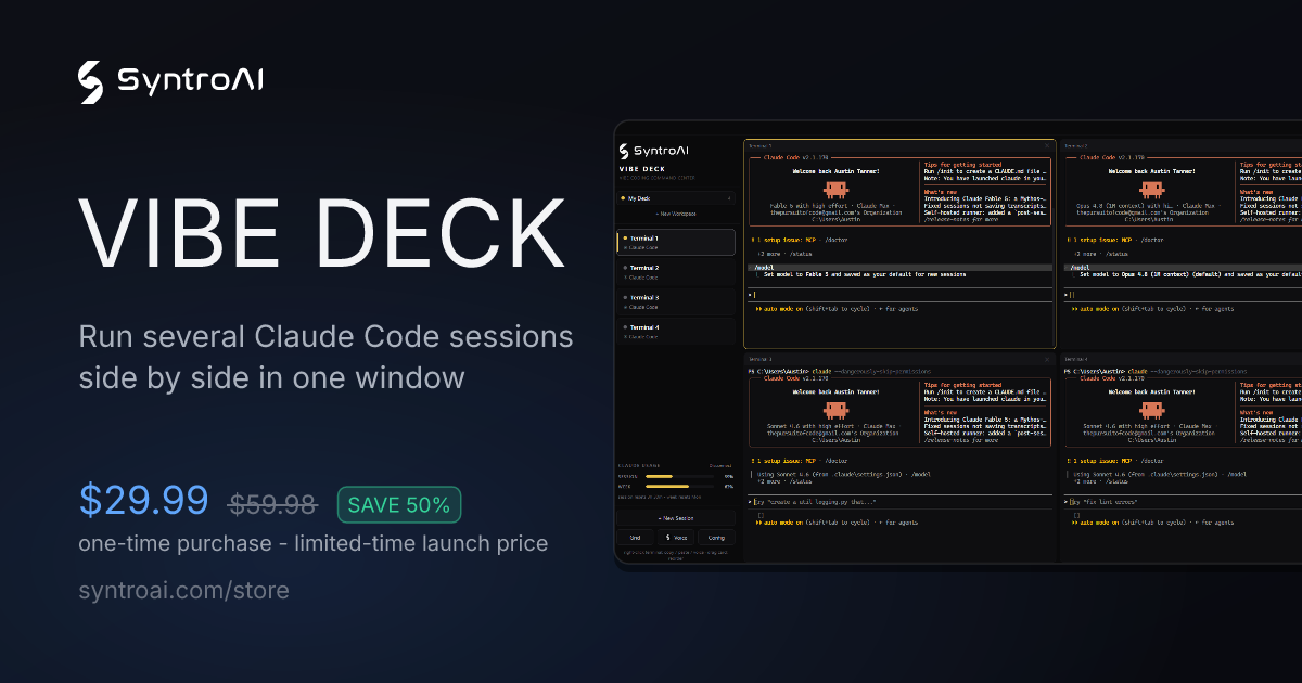Vibe Deck - Run several Claude Code sessions side by side in one window.