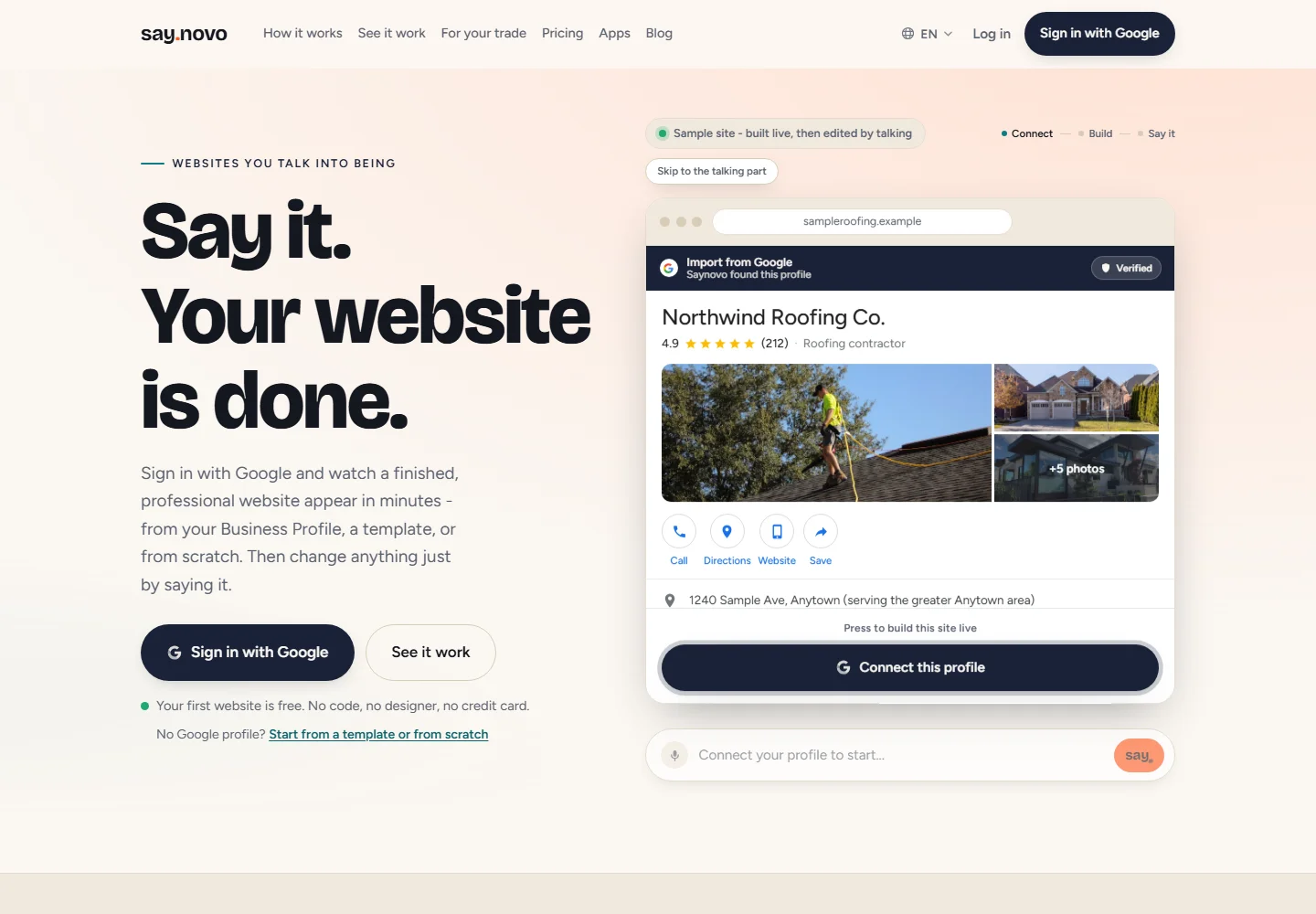 SayNovo homepage with its website-building introduction and a sample roofing business profile.