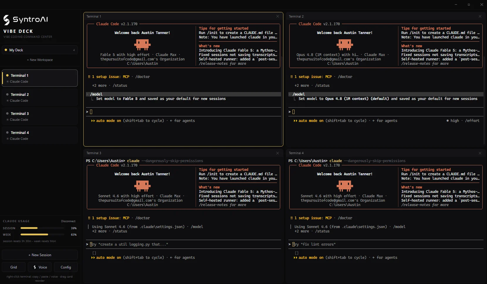 Vibe Deck on Windows with four AI terminal sessions tiled beside a workspace sidebar.
